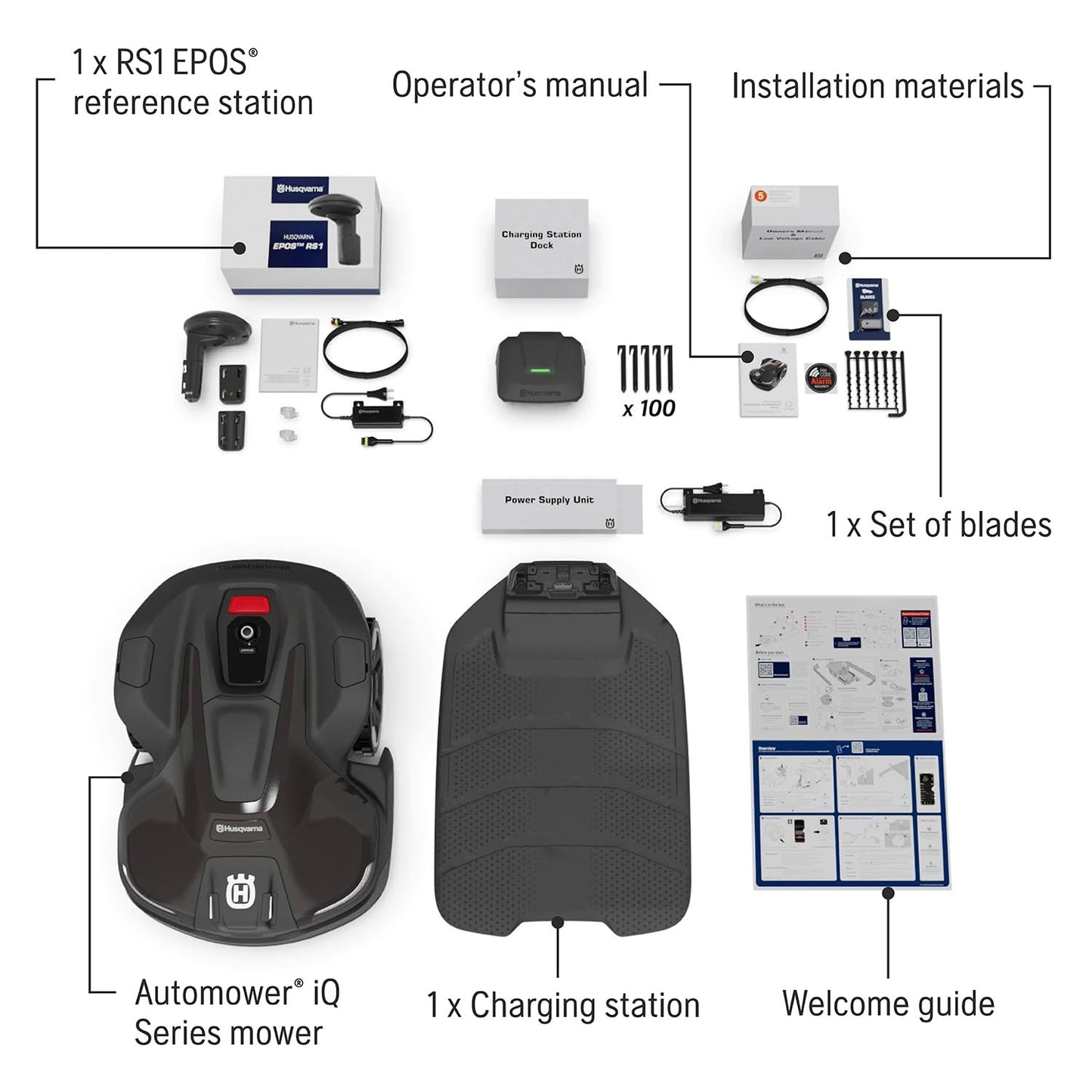 Husqvarna 440iQ Automower Robotic Mower, 2 Acre Mowing Capacity, Wire Free Robot Lawn Mower with Charging Station, RS1 EPOS Reference Station and Replacement Blades